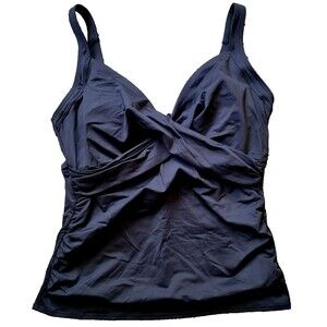 Swim Top Black 14 D Cup Wrap Front Tankini (L) Solid Lined Lands' End S521